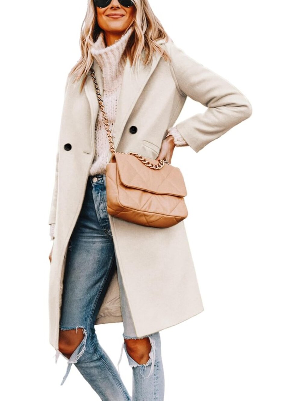 Stylish Large Slim Fit Beige Wool Peacoat with Classic Double Breasted Design